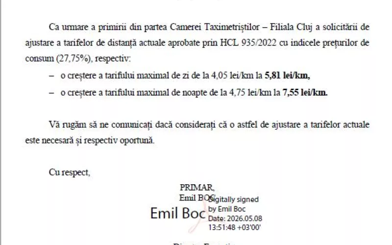 Ajustare tarife de distanță la serviciul de taximetrie