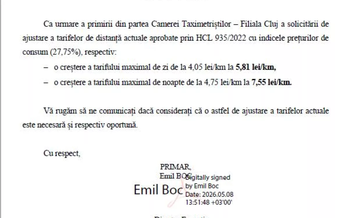 Ajustare tarife de distanță la serviciul de taximetrie