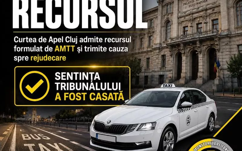 AMTT câștigă recursul în dosarul privind accesul taxiurilor pe benzile dedicate transportului public din Cluj-Napoca.